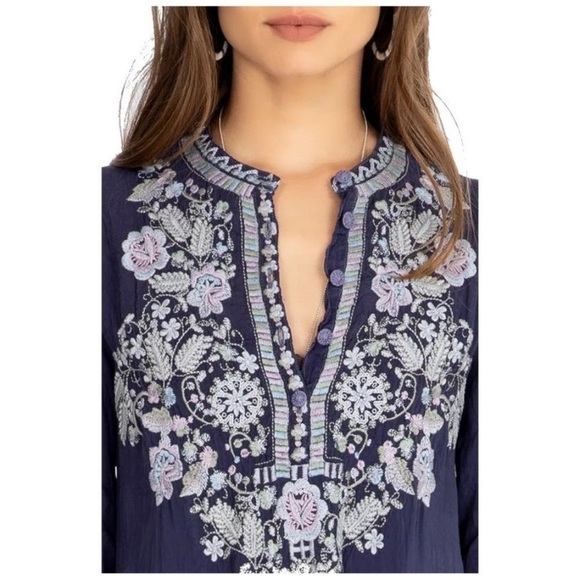 Johnny Was Mayan Ivory Embroidered Long Sleeve Tunic Blue - Picture 6 of 15